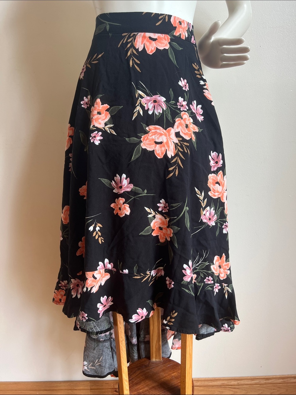 Floral A-Line Midi Skirt — Black with Coral & Pink Flowers